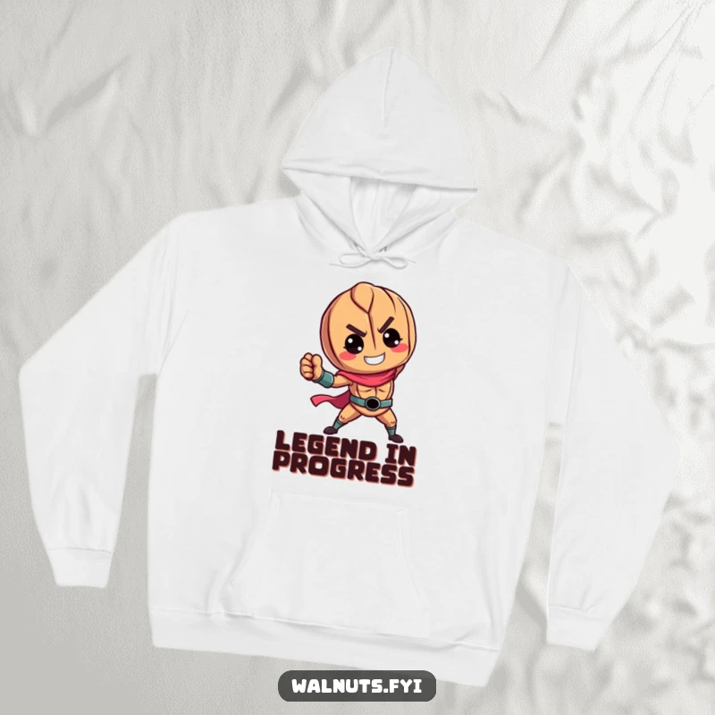 Funny hoodie showcasing a vibrant walnut character in a heroic pose, offering warmth and a bold, heroic statement.
