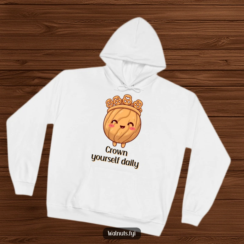 Funny hoodie graphic of a proud walnut monarch adorned with a crown crafted from miniature pretzel bites.