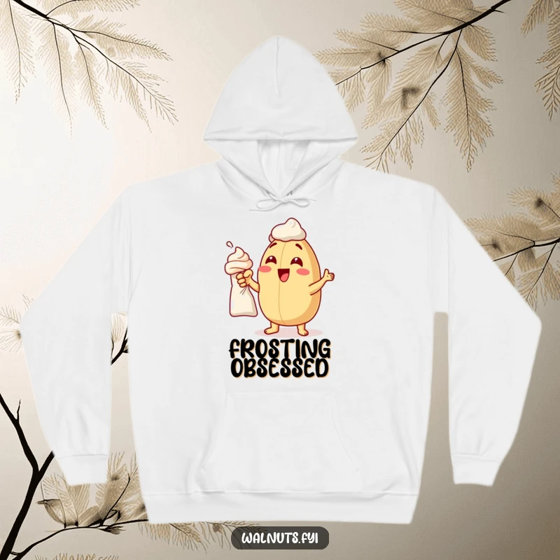 Funny hoodie depicting an excited macadamia nut enthusiastically pointing towards a bag of frosting.