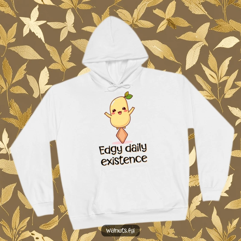 Funny hoodie featuring a happy cashew perfectly balanced on its tip, offering warmth and a humorous, artistic statement.