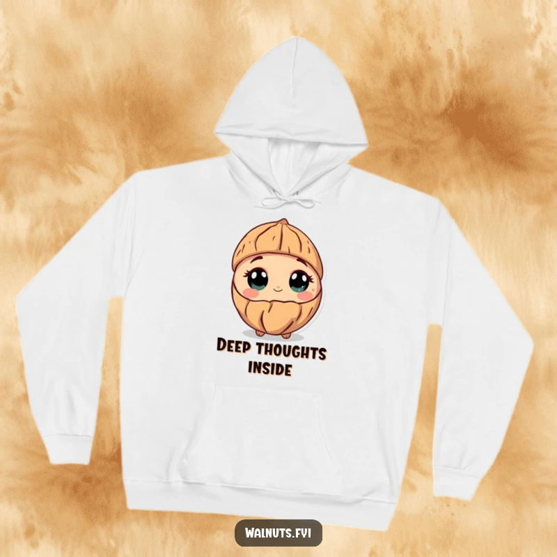 Funny hoodie displaying a curious walnut character tilting its shell, its wide, wonder-filled eyes exploring the world.