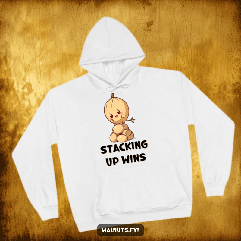 Funny Kawaii Pine Nut Hoodie featuring a determined character climbing nuts, providing humorous motivation and warmth. Ideal funny gift.