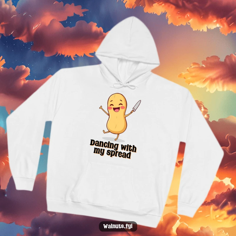 Funny hoodie graphic of a joyful peanut dancing enthusiastically with a butter knife, exuding happy nutty energy.