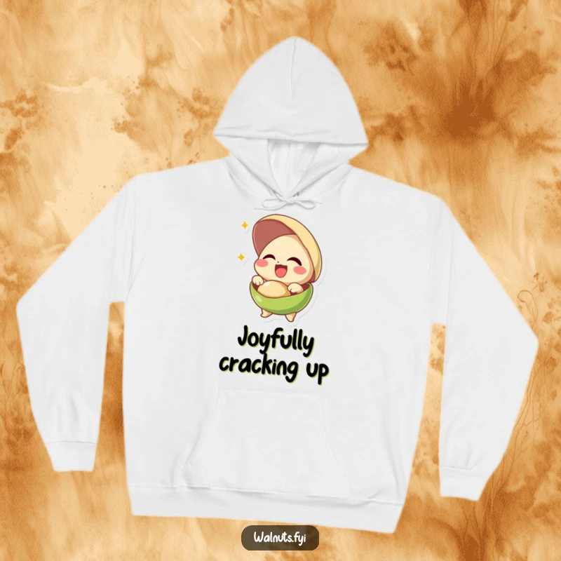 Funny hoodie depicting a giggling pistachio joyfully exploding out of its shell, radiating pure delight.