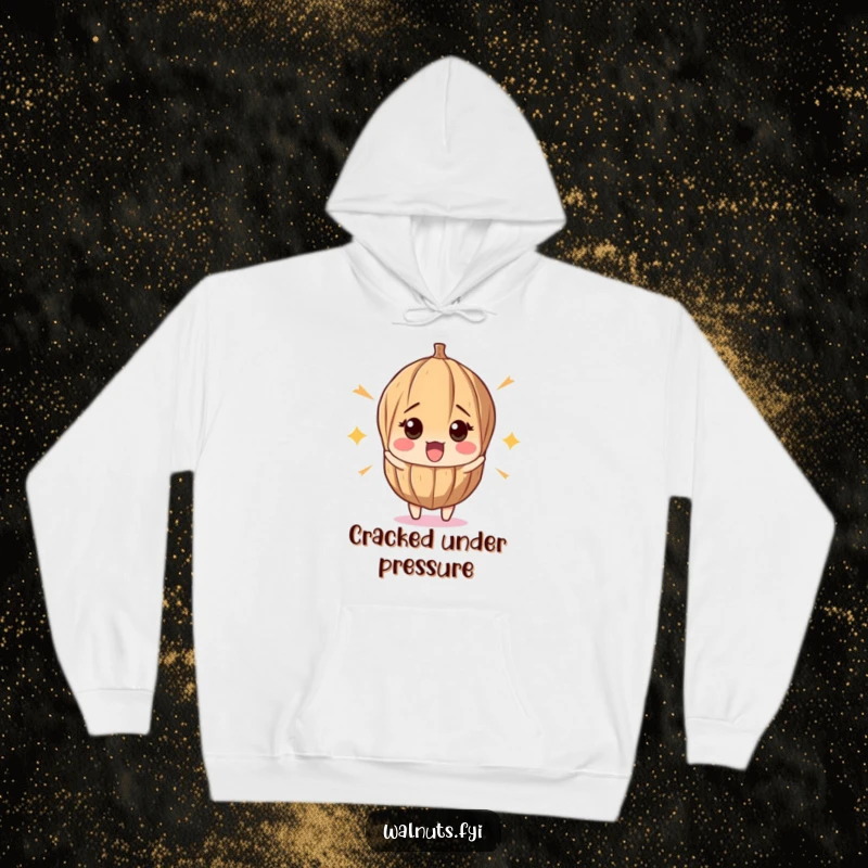 Funny hoodie depicting a startled walnut recoiling from a loud pop, offering warmth and a humorous design for casual outings.