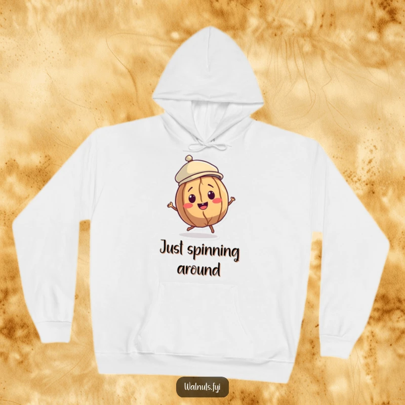 Funny Walnut Dancer Hoodie featuring a smiling walnut character wearing a jaunty cap and performing a playful spin, perfect for cozy fun.