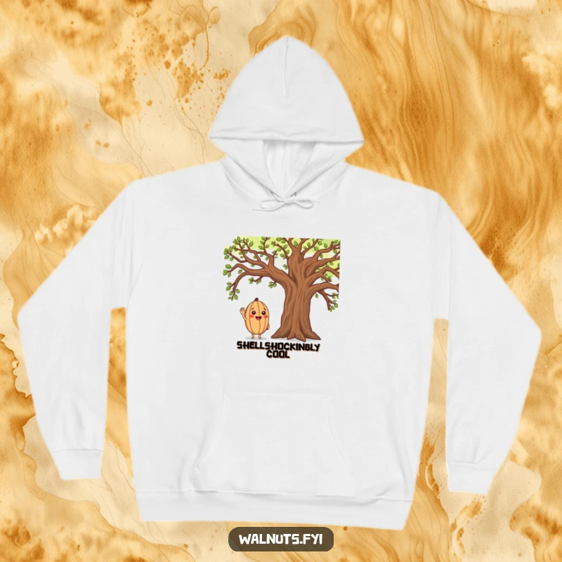 Funny hoodie showing a happy walnut giving a salute to a big oak tree, embodying a cheerful and friendly nature scene for laughs.