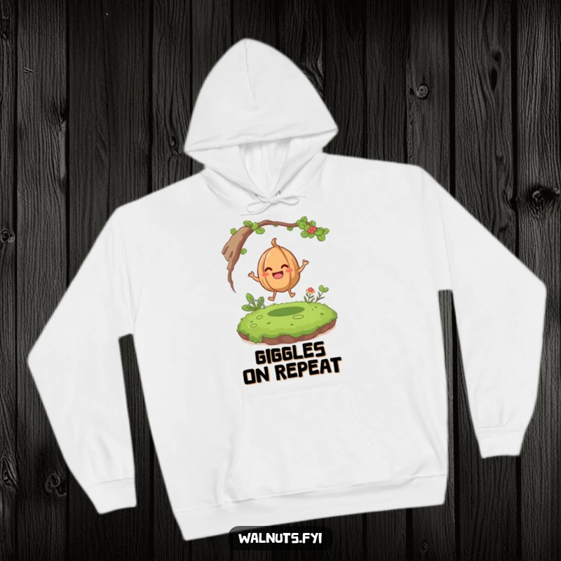 Funny giggling walnut character bouncing happily on a mossy patch, perfect for a cozy and humorous hoodie.