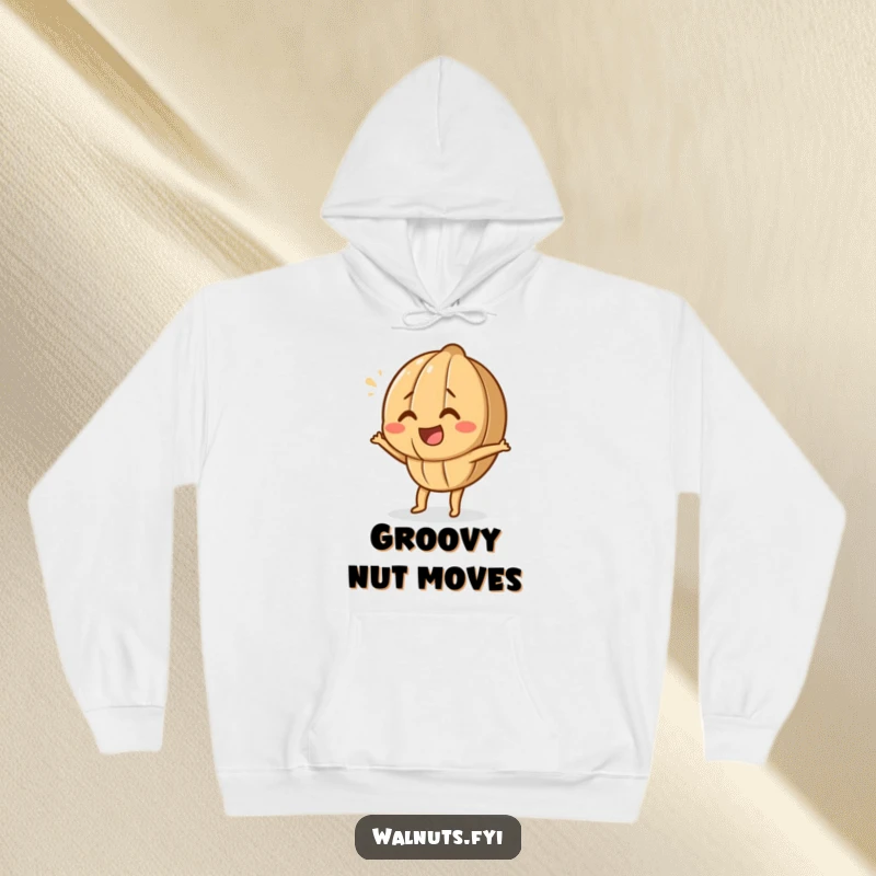 Funny Giggling Walnut Hoodie showcasing a happy walnut character doing a fun, silly dance, ideal for cozy, humorous wear.