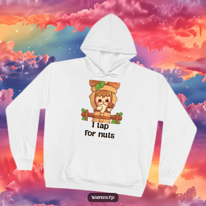 Funny hoodie showing a curious walnut character intently tapping a stylized nutcracker with a miniature mallet.