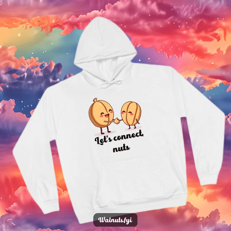 Funny hoodie depicting a beaming walnut offering a tiny handshake to another walnut, a symbol of warm nutty bonding.