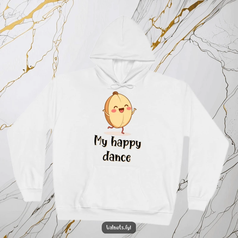 Funny happy walnut hoodie featuring a dancing walnut with tiny legs, cozy and full of pure joy.