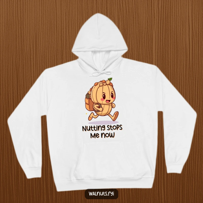 Funny hoodie depicting a determined walnut character in a sprint with a nut-filled backpack, celebrating perseverance.