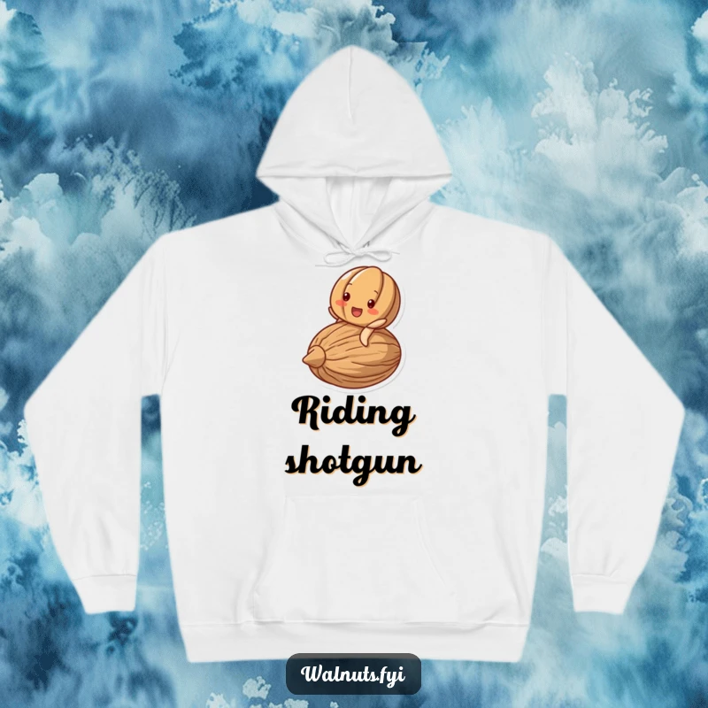 Funny hoodie showing a delighted walnut character beaming while riding on a larger, stylized nut.