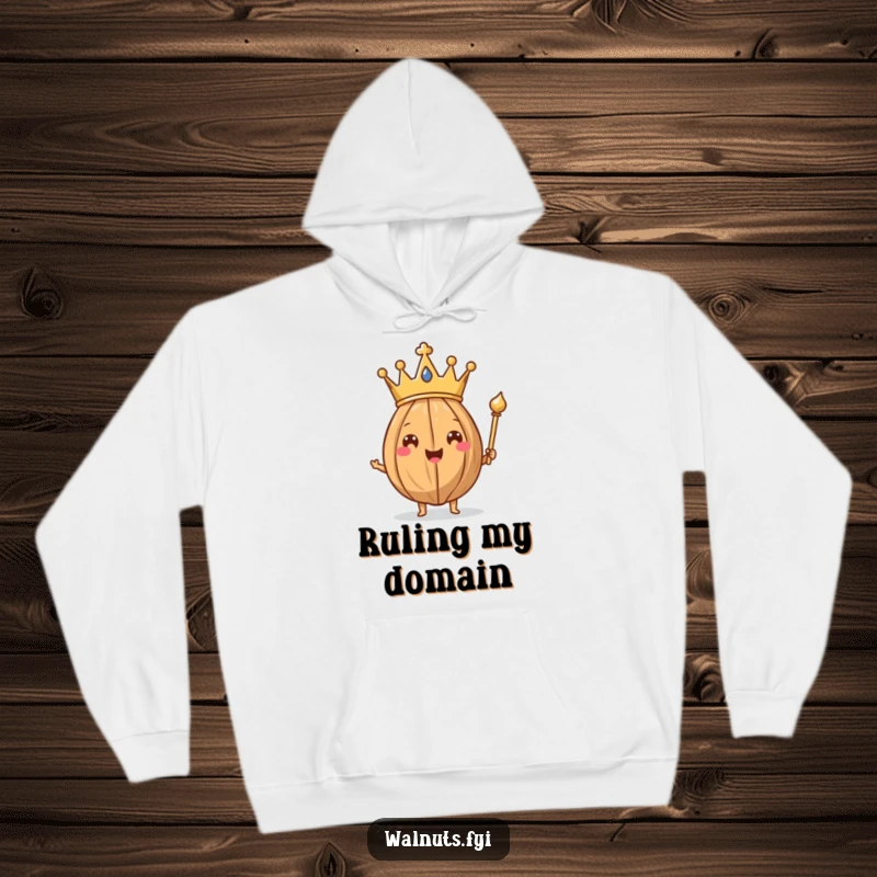 Funny Walnut King Hoodie depicting a happy walnut with a crown and scepter, ready to rule in comfort.