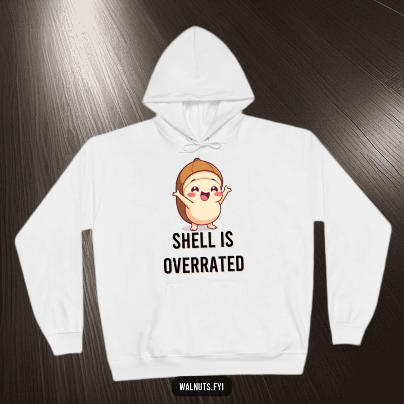 Funny Kawaii hazelnut hoodie featuring an excited character bursting from its shell, offering comfort and animated surprise.