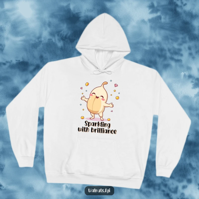 Funny hoodie showcasing a gleeful macadamia nut juggling precious gemstones, offering warmth and a touch of luxurious humor.
