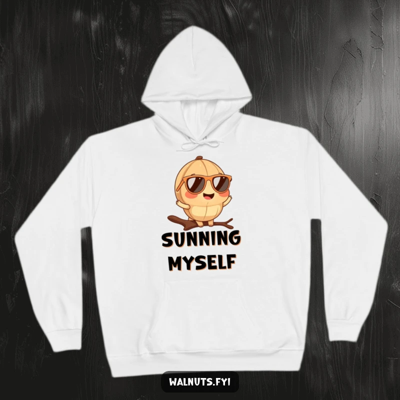 Comfortable funny walnut sunglasses hoodie showing a cool walnut posing on a branch, perfect for relaxed days.