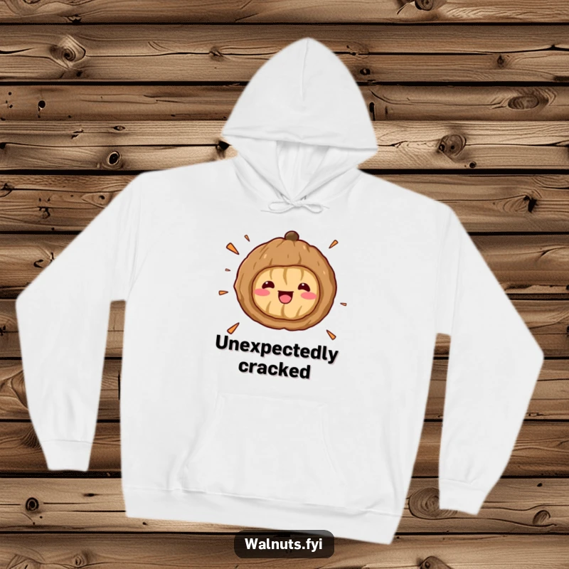 Funny Kawaii Walnut Surprise Hoodie: A cute cartoon walnut pops open in shock, with small shell pieces flying, radiating humorous surprise.