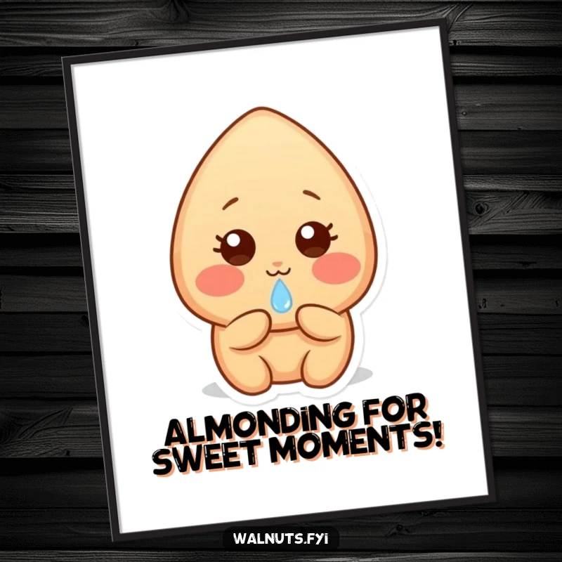 Funny Free Printable Almond Wall Art: Shy light brown almond character with rosy cheeks, gently offering a glistening dewdrop.