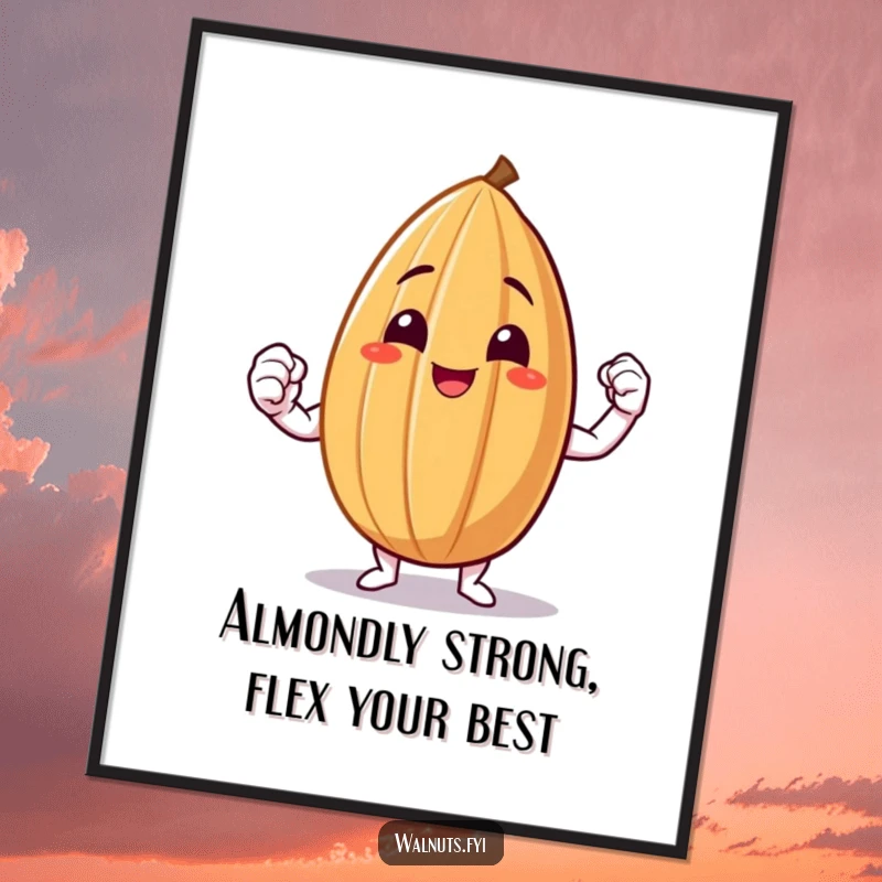 Funny Free Printable Wall Art: A smiling almond shows off its surprisingly strong tiny muscle.