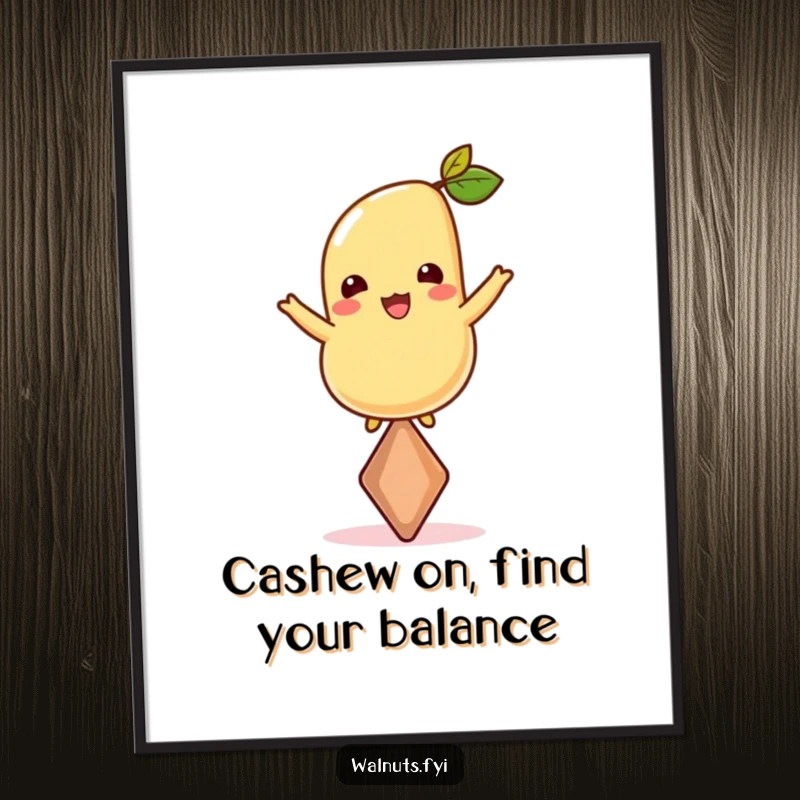 Funny Free Printable Wall Art: A cheerful cashew balancing precariously on a single point, radiating calm amusement.
