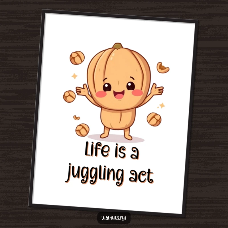 Funny Free Printable Wall Art of a happy walnut character skillfully juggling smaller walnut pieces in a dynamic pose.