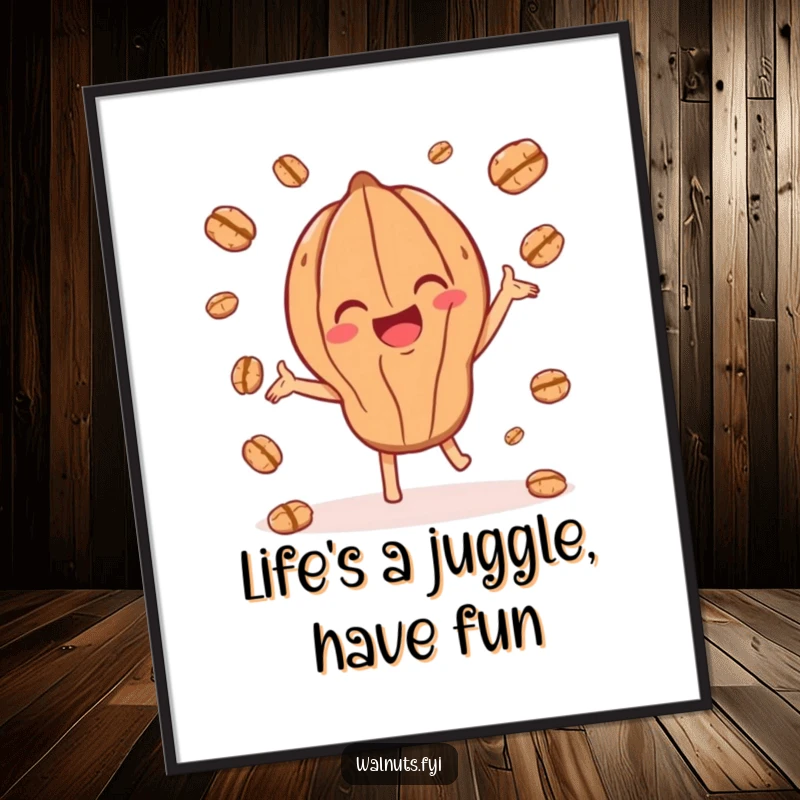 Funny Free Printable Wall Art: A joyful walnut character in mid-air, skillfully juggling smaller walnut pieces with a happy expression.