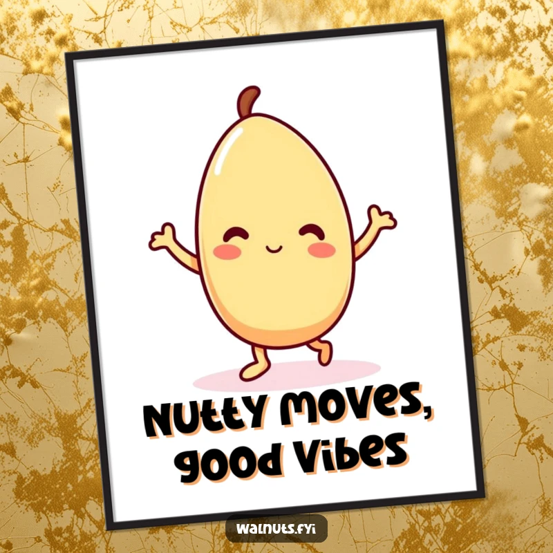 Funny Free Printable Wall Art: Delighted Kawaii almond character performing a joyful dance, adding humor to any room.