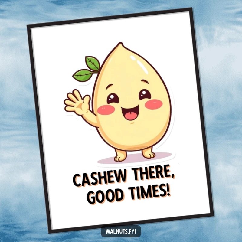 Funny Free Printable Wall Art: Beaming Kawaii cashew character waving hello, adding a cheerful and humorous accent.