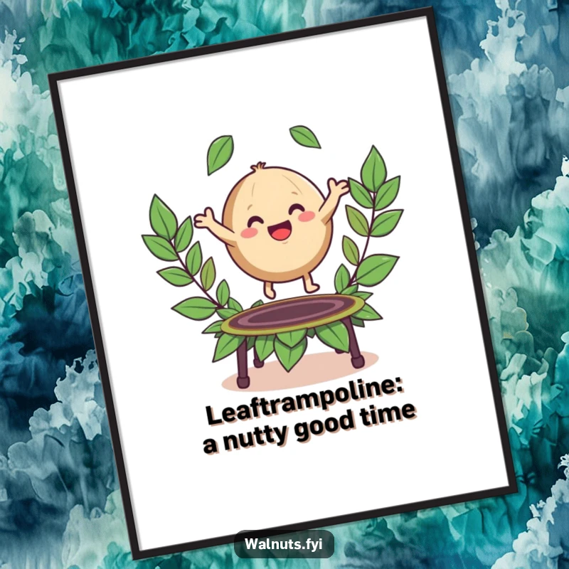 Funny Free Printable Wall Art: A happy walnut bounces on a leaf trampoline, creating playful and humorous downloadable art.