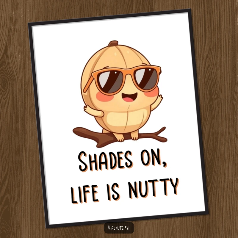 Funny Free Printable Wall Art: A smiling walnut wearing miniature sunglasses poses stylishly on a tree branch, radiating cool.