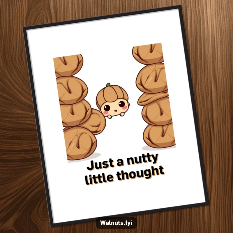 Funny Free Printable Wall Art: Curious walnut peering out from behind a stack of other walnuts, ideal for downloadable decor.