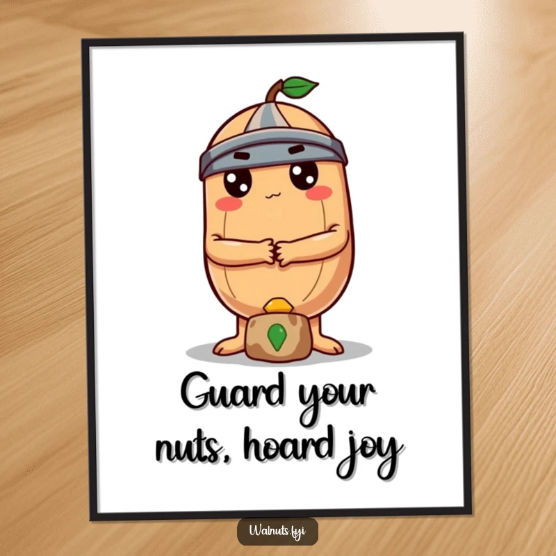 Funny free printable wall art: A determined round Brazil nut with crossed arms stands vigil over a small, precious treasure.