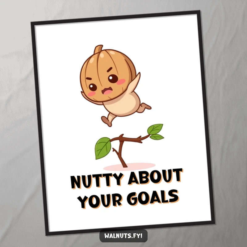 Funny free printable wall art depicting a resolute walnut energetically leaping over a small twig, embodying ambition.