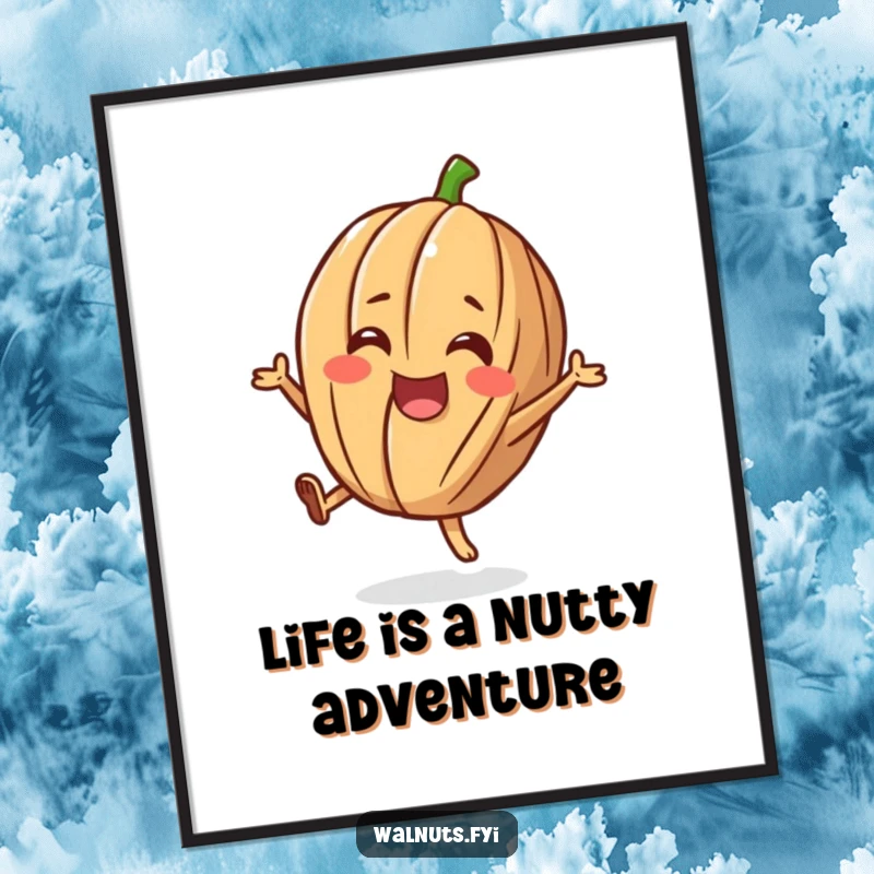 Funny Free Printable Wall Art: A cheerful walnut excitedly doing a little flip, a downloadable piece of art for a humorous and happy atmosphere.