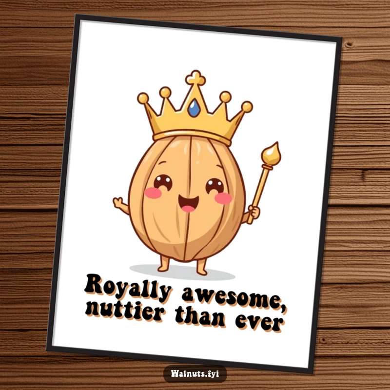 Funny Free Printable Wall Art: A happy walnut proudly wears a crown and holds a scepter.