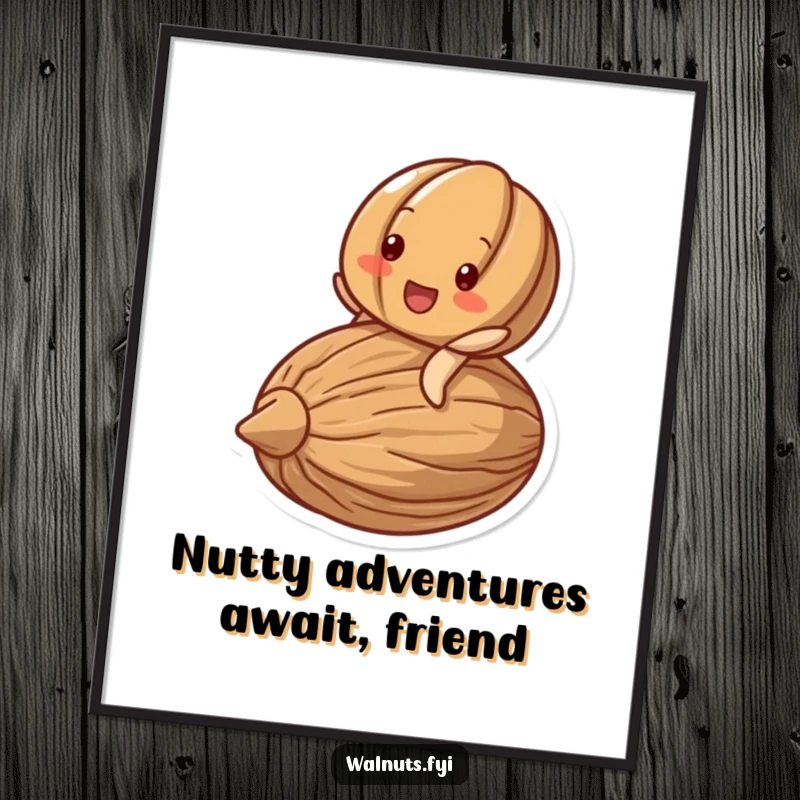 Funny Free Printable Wall Art: A delighted walnut character beams with joy, riding on the back of a large nut.