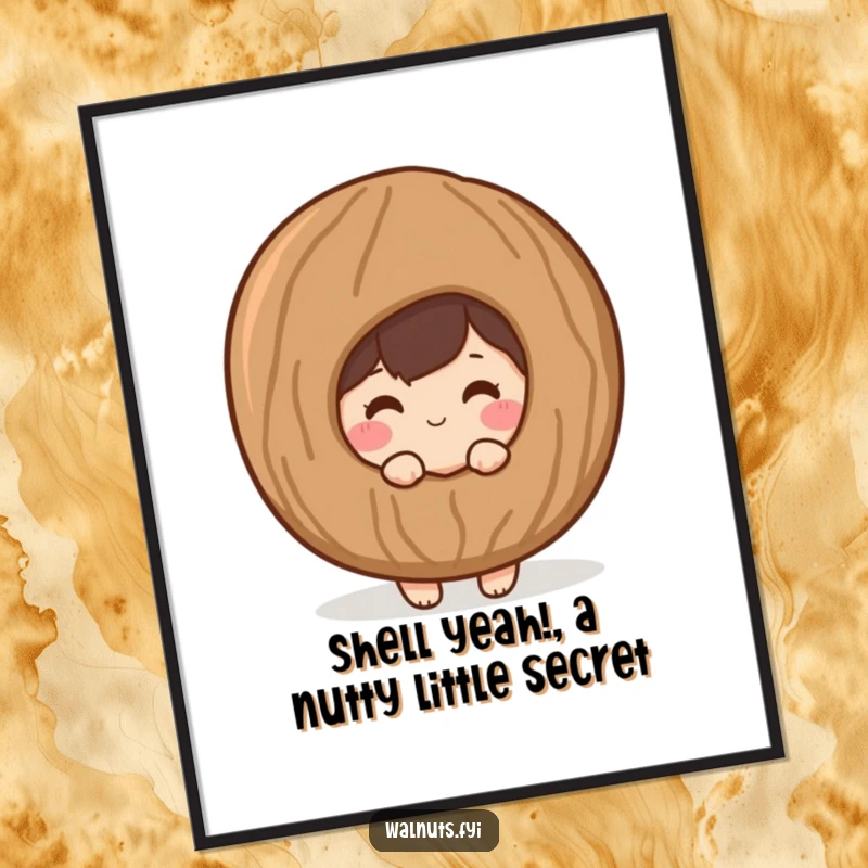 Funny Free Printable Wall Art: A shy, blushing walnut peeks from behind a giant shell, creating cute downloadable art.