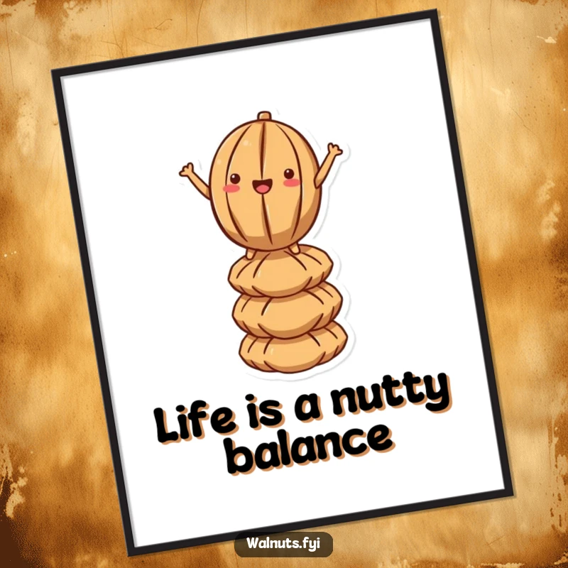 Funny Free Printable Wall Art: A kawaii walnut performing an incredible balancing act on a pile of nuts, playful art.