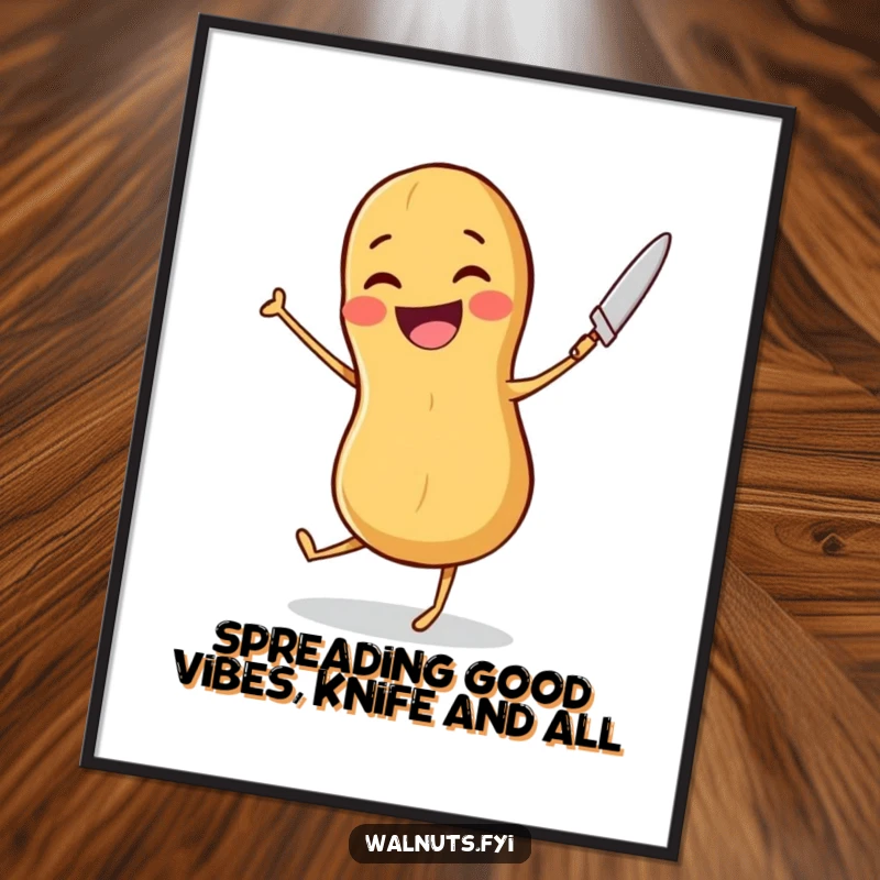 Funny Free Printable Wall Art: A joyful peanut performs a silly dance with a butter knife, radiating happiness and fun.