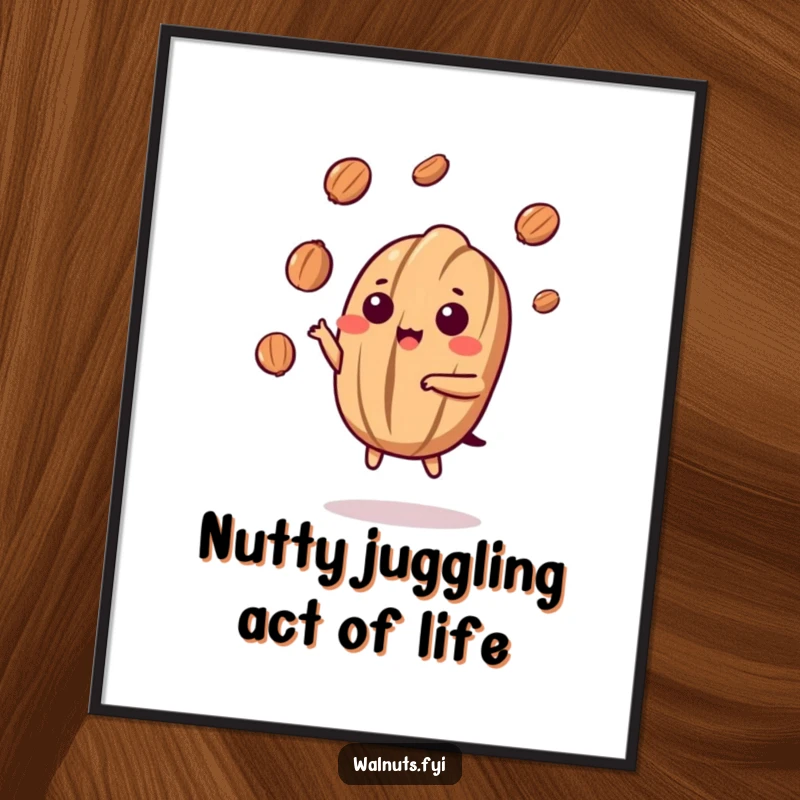 Funny Free Printable Wall Art: Kawaii walnut skillfully juggling multiple small nut pieces with impressive dexterity, energetic decor.