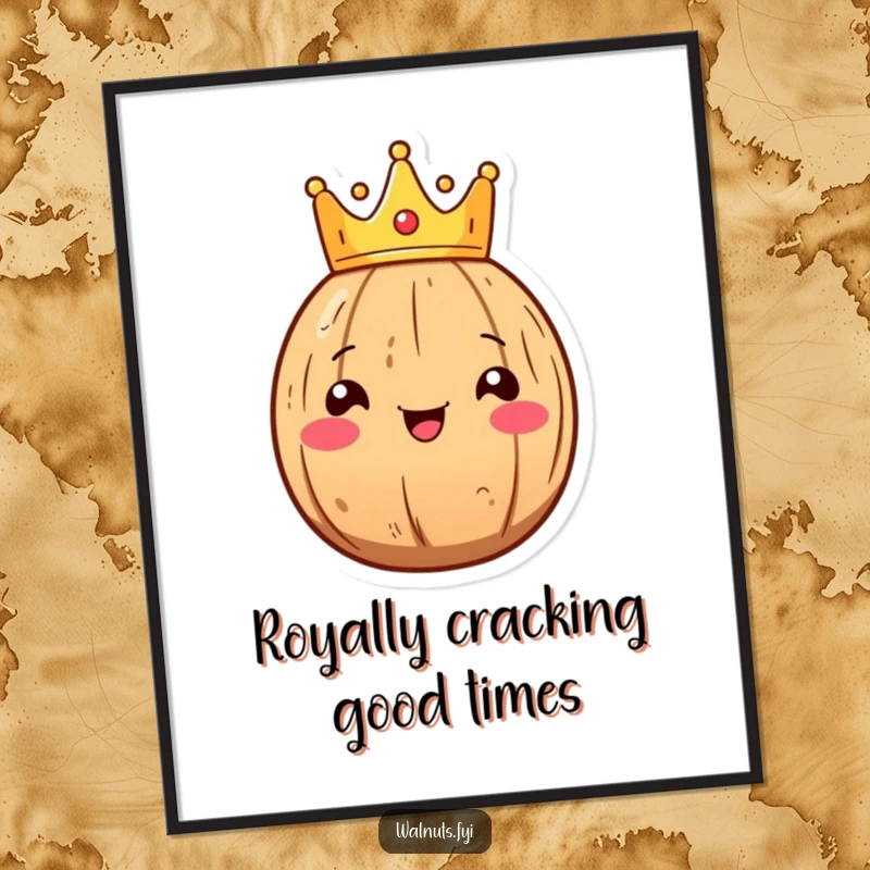 Funny Free Printable Wall Art: Smiling Kawaii walnut wearing a tiny crown, a charming and regal art piece.