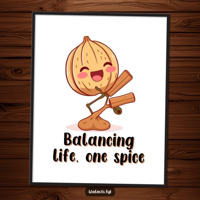 Funny Free Printable wall art of a thrilled walnut with an excited expression, perfectly balancing a small branch of cinnamon.