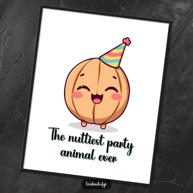 Funny Free Printable Wall Art: A cheerful walnut in a party hat gives a playful wink, adding a touch of quirky charm.