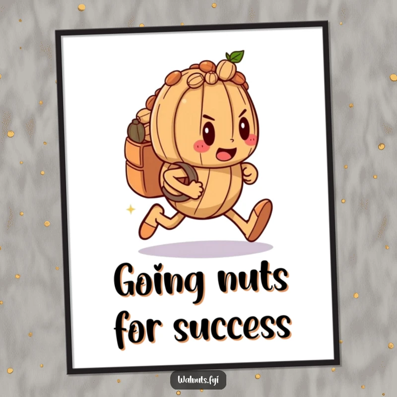 Funny Free Printable Wall Art of a determined walnut character sprinting energetically with a nut-filled backpack, ready for anything.
