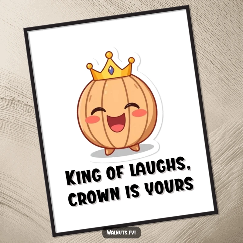 Funny Free Printable Wall Art: A laughing walnut character wearing a tiny crown, radiating royal joy and humor.