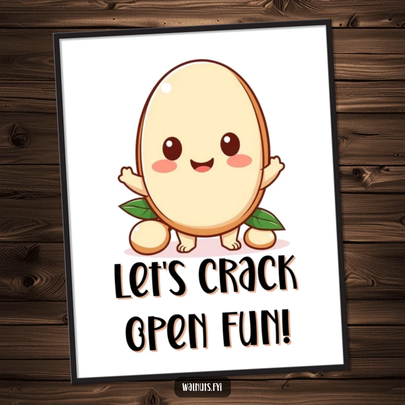 Funny Free Printable Wall Art: A happy Kawaii macadamia nut character holds out a piece to share.
