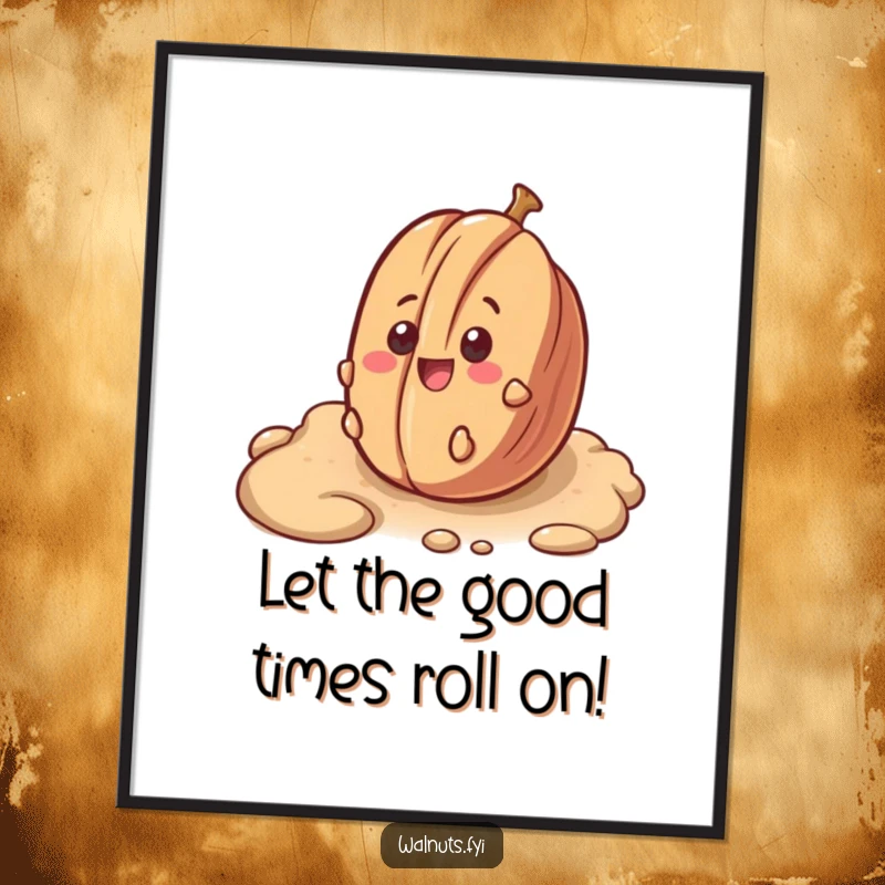 Funny Free Printable Wall Art: A surprised pecan with a big smile rolling down a bumpy textured surface, full of motion.