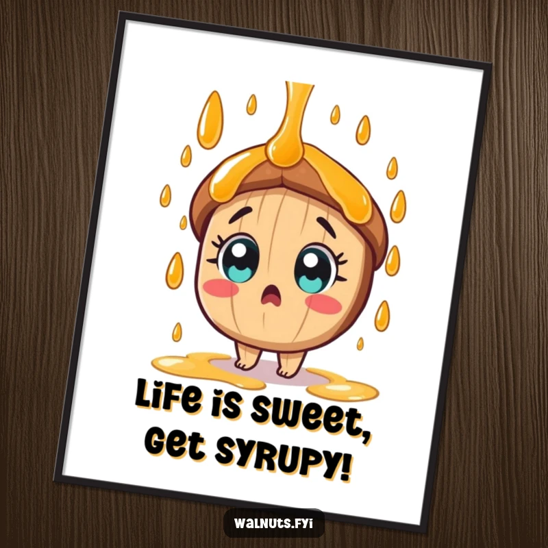 Funny free printable wall art: A surprised tan pecan character with wide eyes is showered in a cascade of sweet syrup.